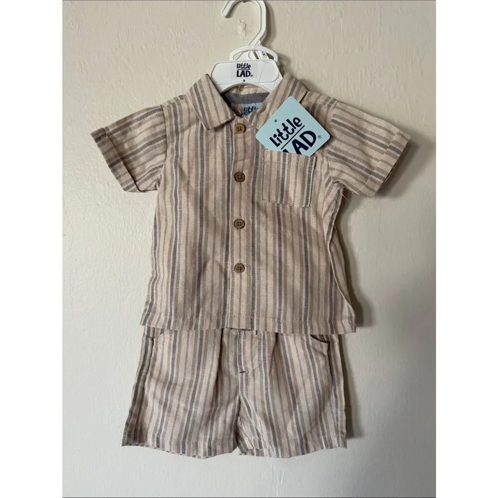 Little LAD Striped Linen-Blend Toddler Shirt & Shorts Set - Beige/Gray